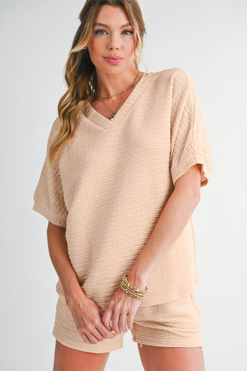 Apricot Textured V Neck T Shirt and Shorts Set