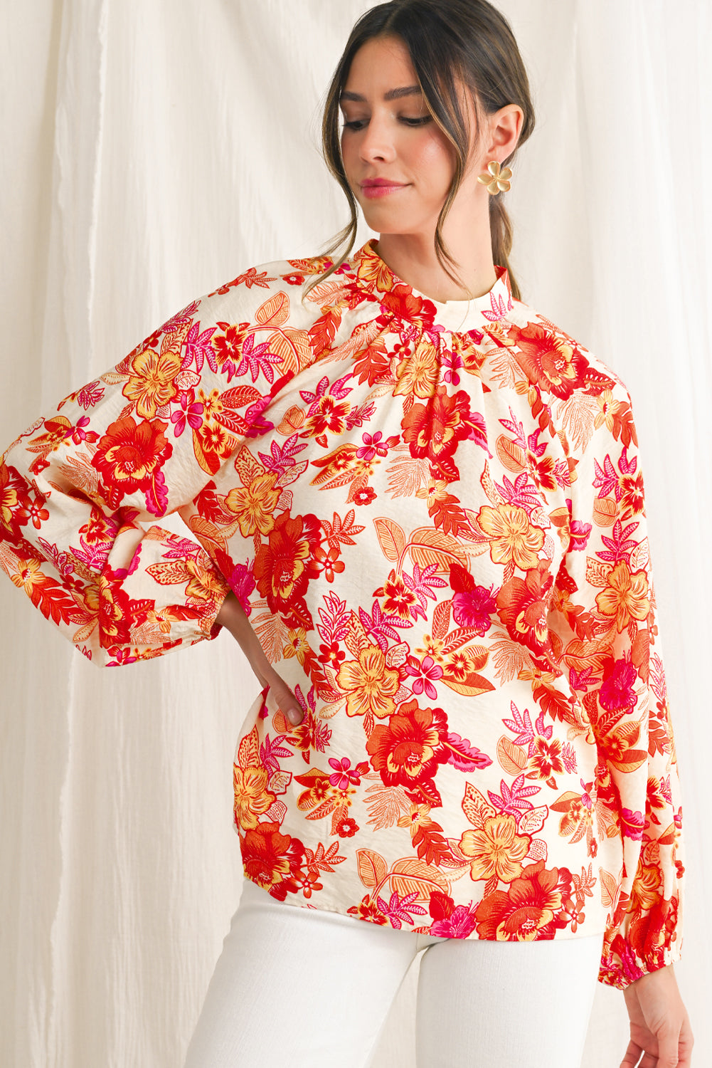 Orange Boho Floral Lantern Sleeve Blouse