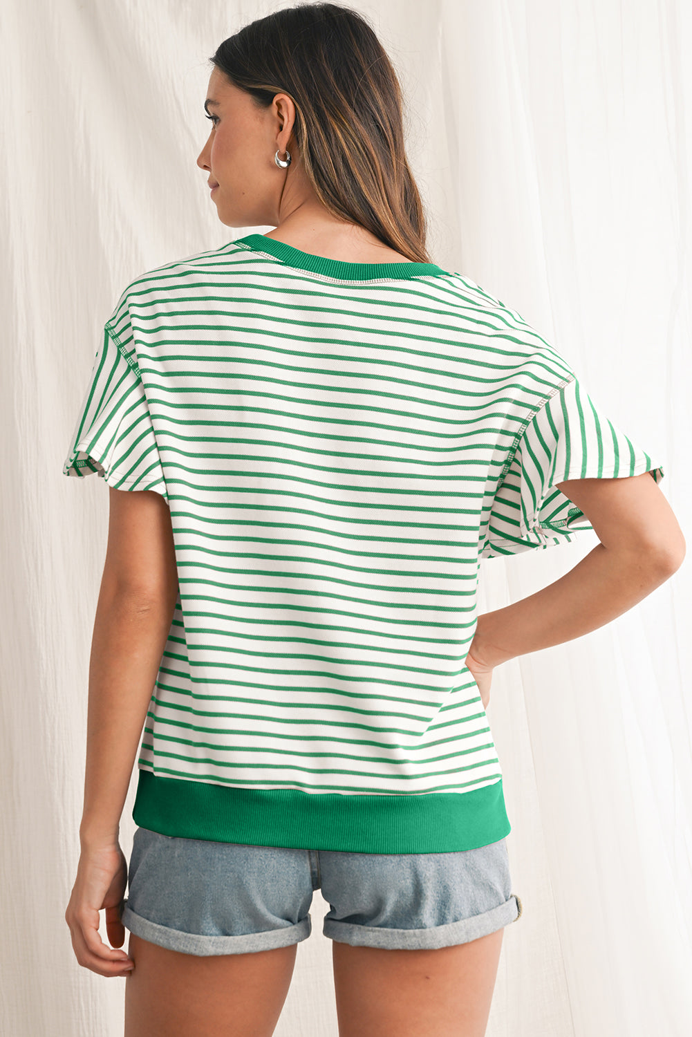 Bright Green Striped Ruffle Sleeve Round Neck Top