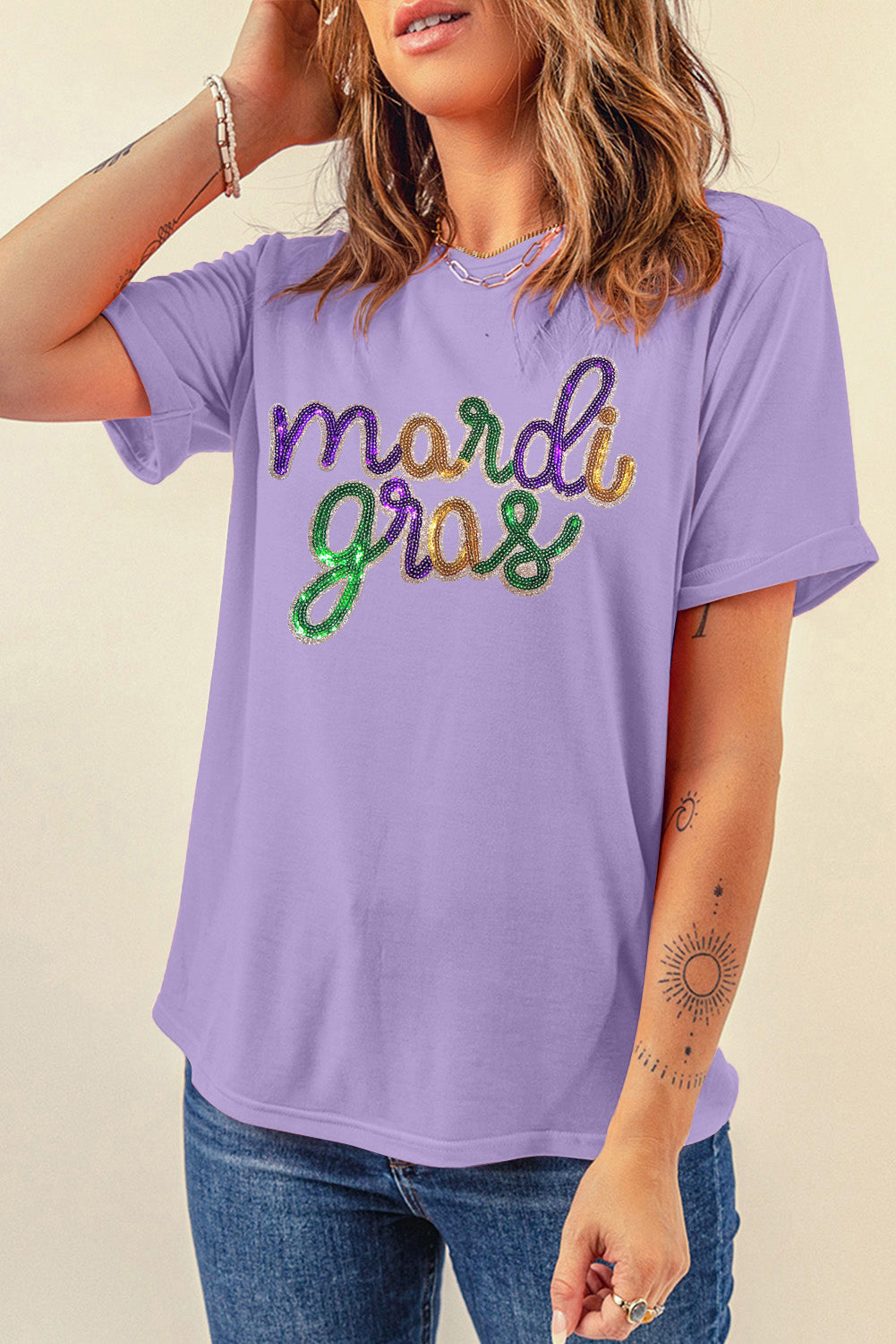 Wisteria Sequin mardi gras Letter Print Crewneck Tee