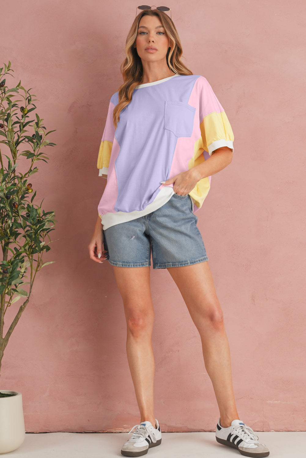 Purple Colorblock Patchwork Oversized T Shirt