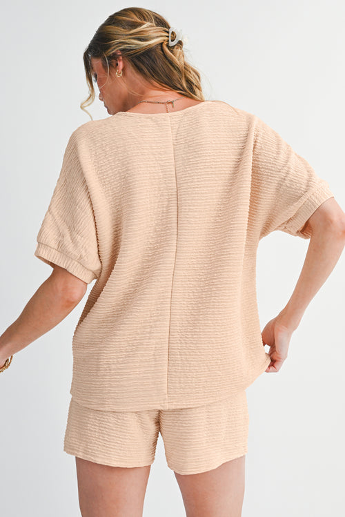 Apricot Textured V Neck T Shirt and Shorts Set