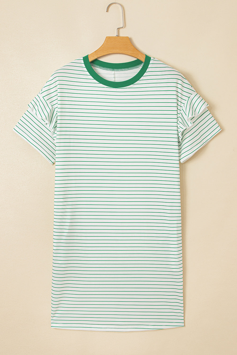 Green Stripe Ruffle Short Sleeve T Shirt Mini Dress
