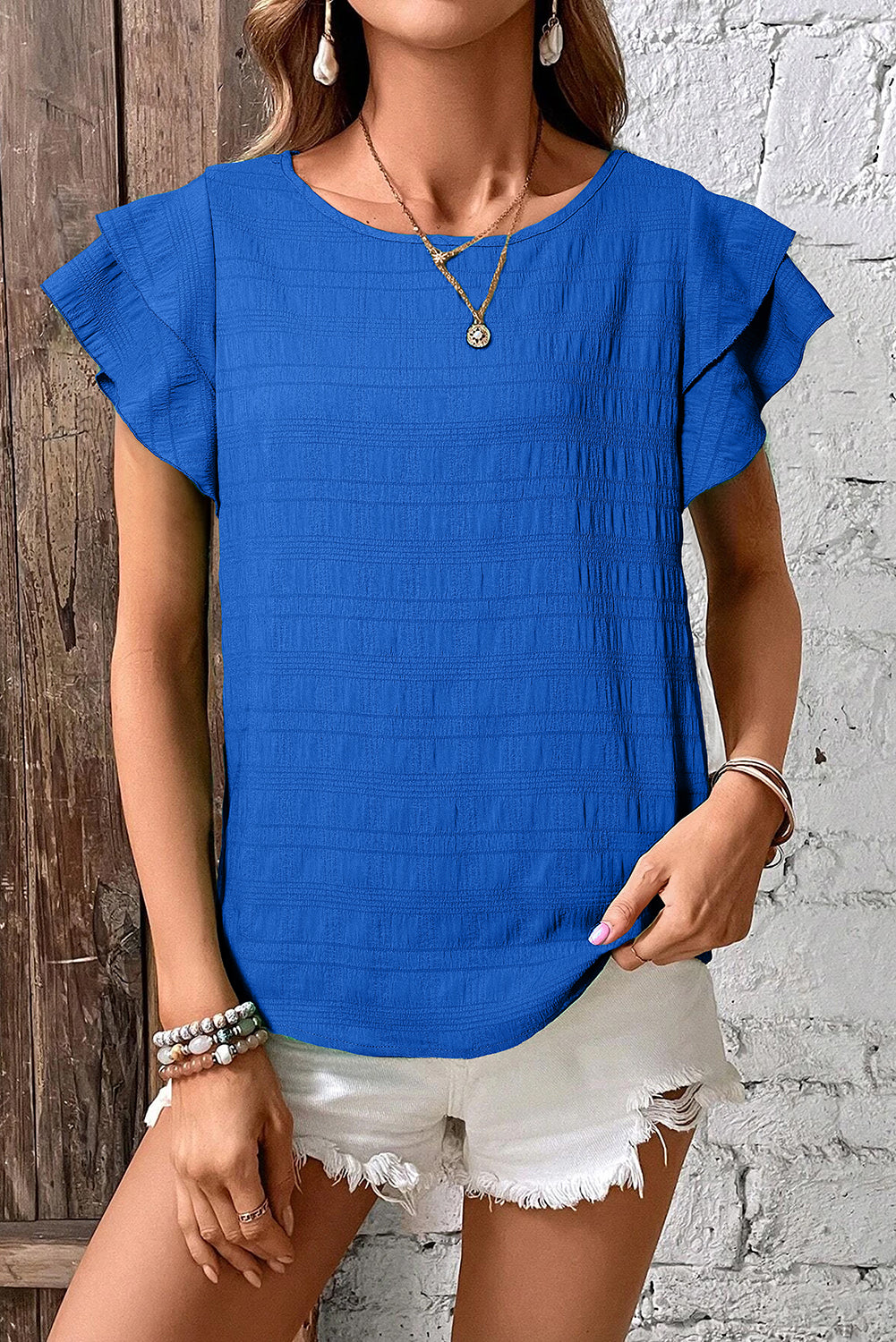 Dark Blue Ruffle Sleeve Textured Smocked Blouse