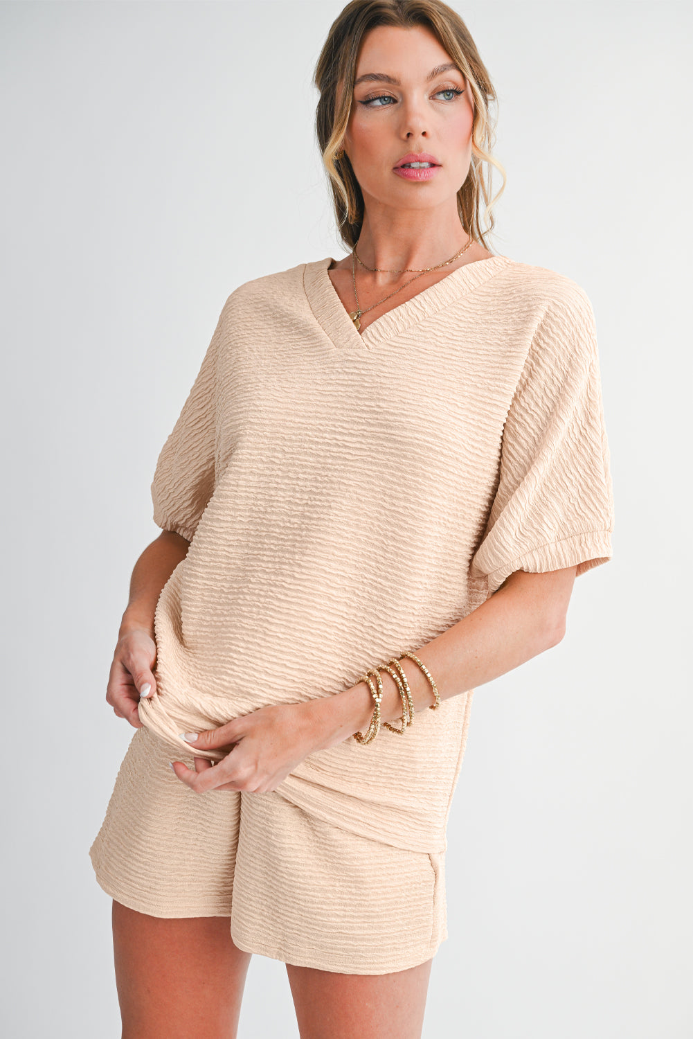 Apricot Textured V Neck T Shirt and Shorts Set