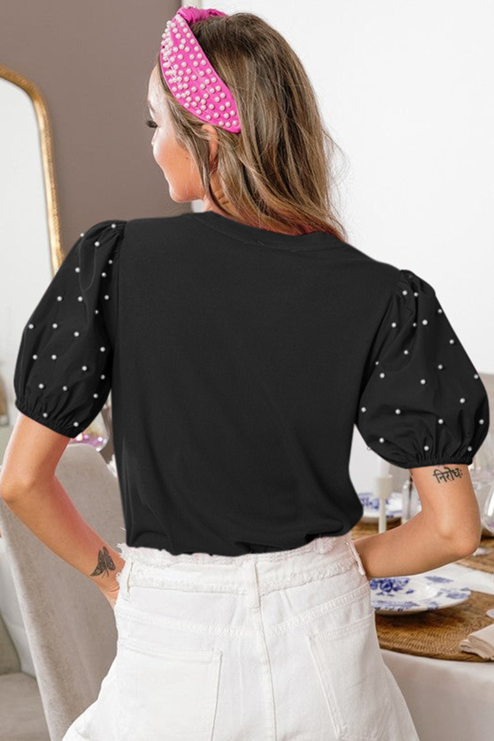 Black Pearl Beaded Puff Sleeve Ribbed Top