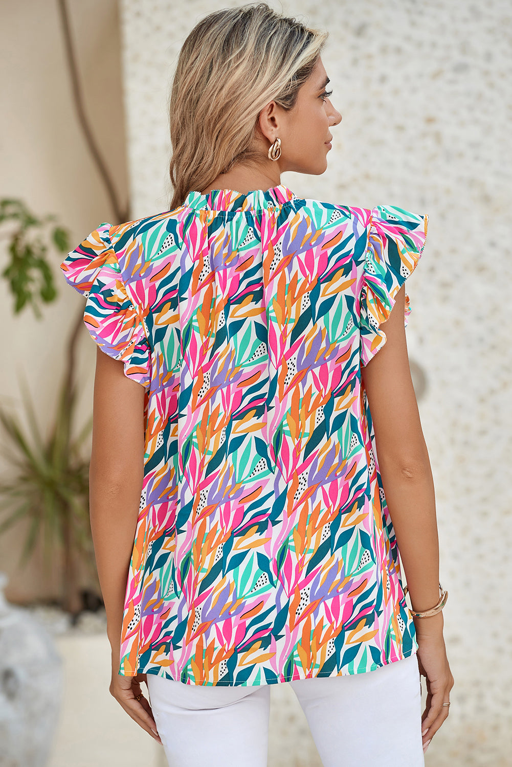 Rose Red Abstract Print Ruffled Flutter Shoulder Blouse