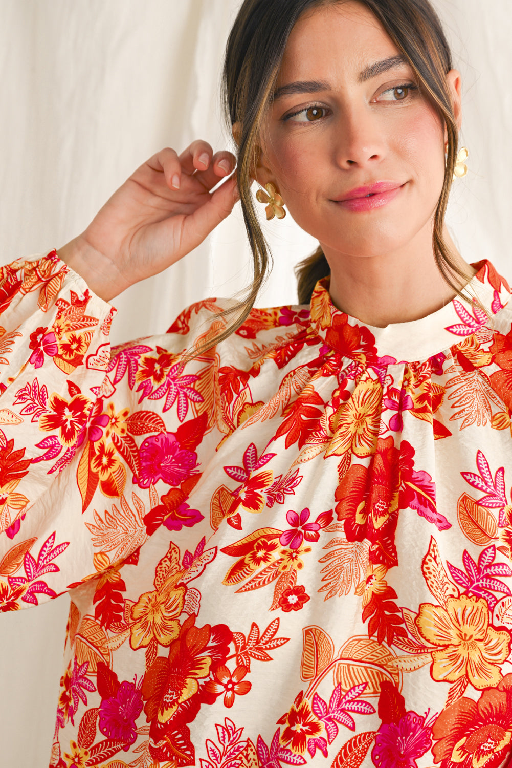 Orange Boho Floral Lantern Sleeve Blouse