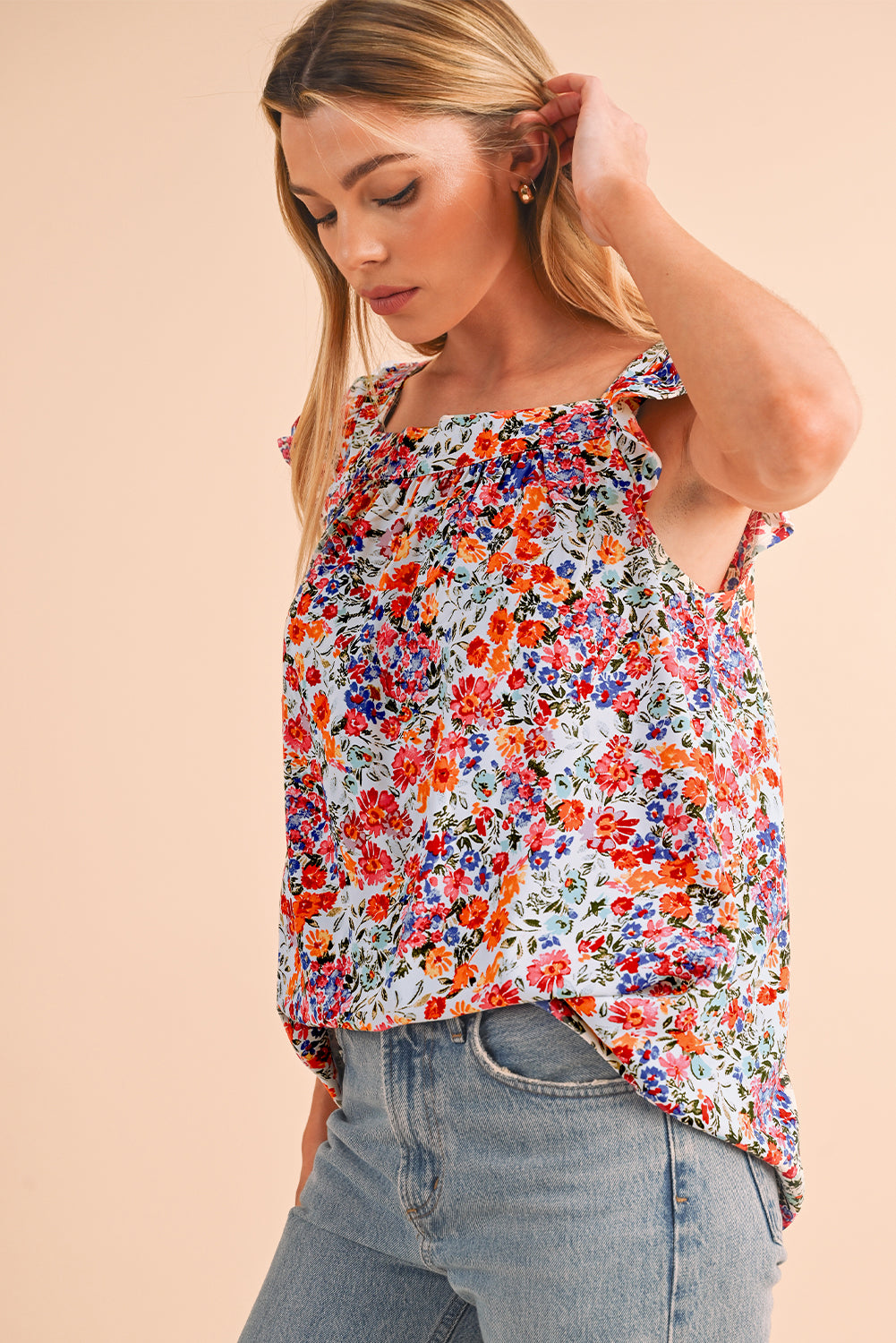 Rose Red Boho Floral Square Neck Flutter Sleeveless Top