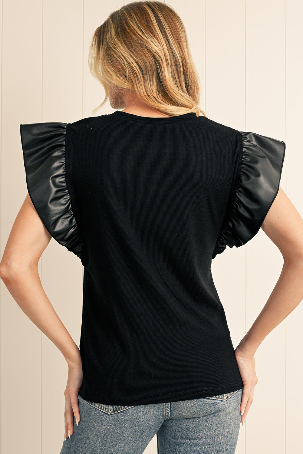 Black Leather Ruffle Shoulder Plain Blouse