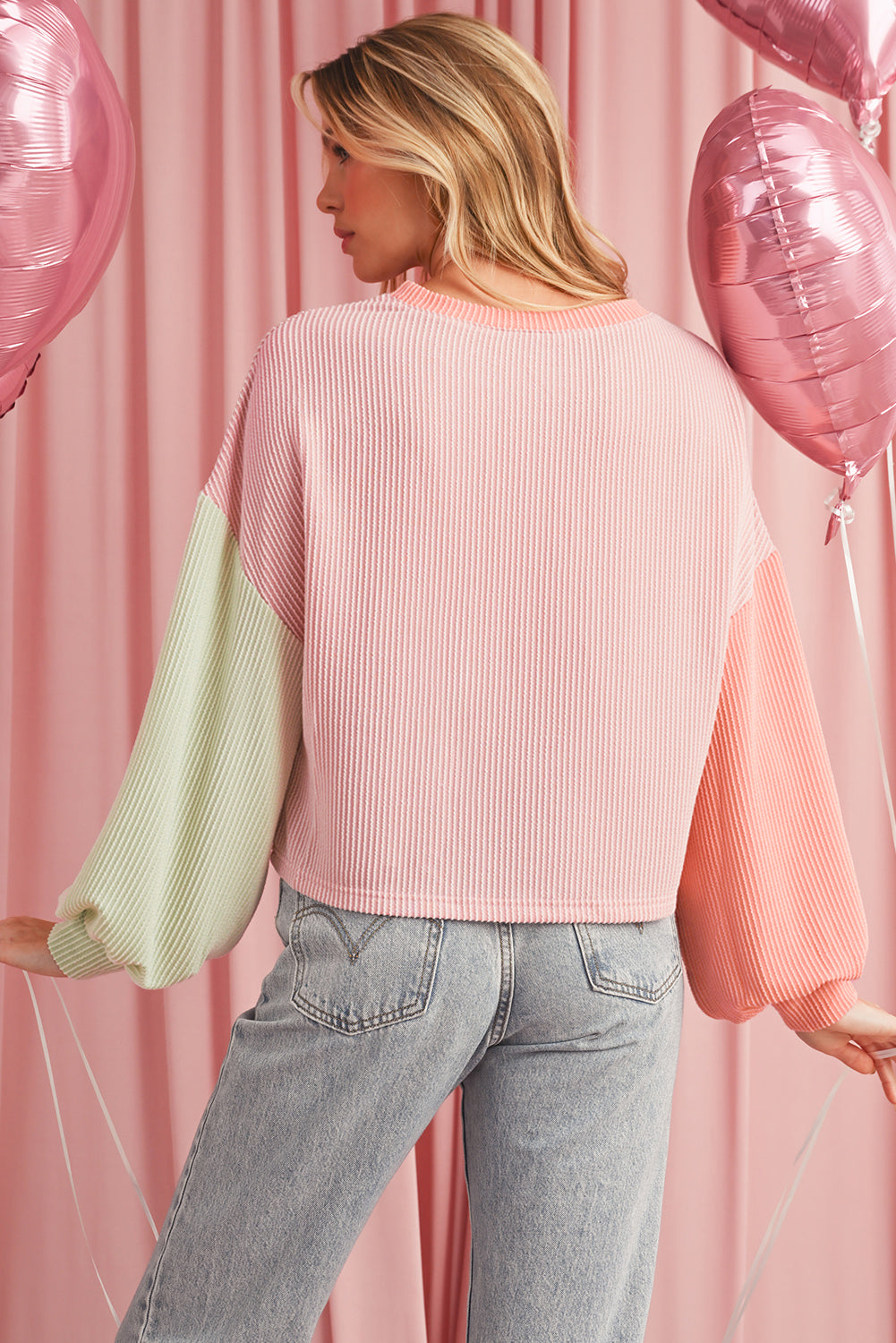 Multicolour Corded Colorblock Patchwork Drop Shoulder Long Sleeve Top