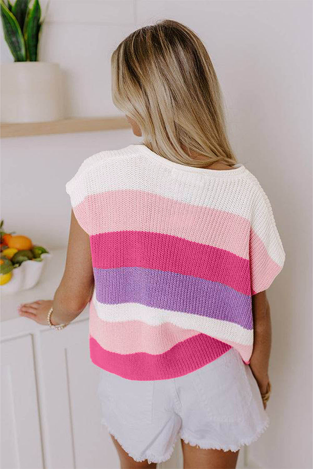 Pink Colorblock Notch V Neck Knit T Shirt