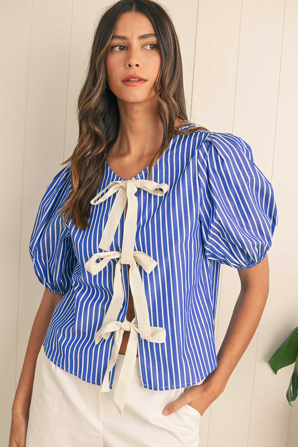 Blue Stripe Bow Tie Front Puff Short Sleeve Blouse