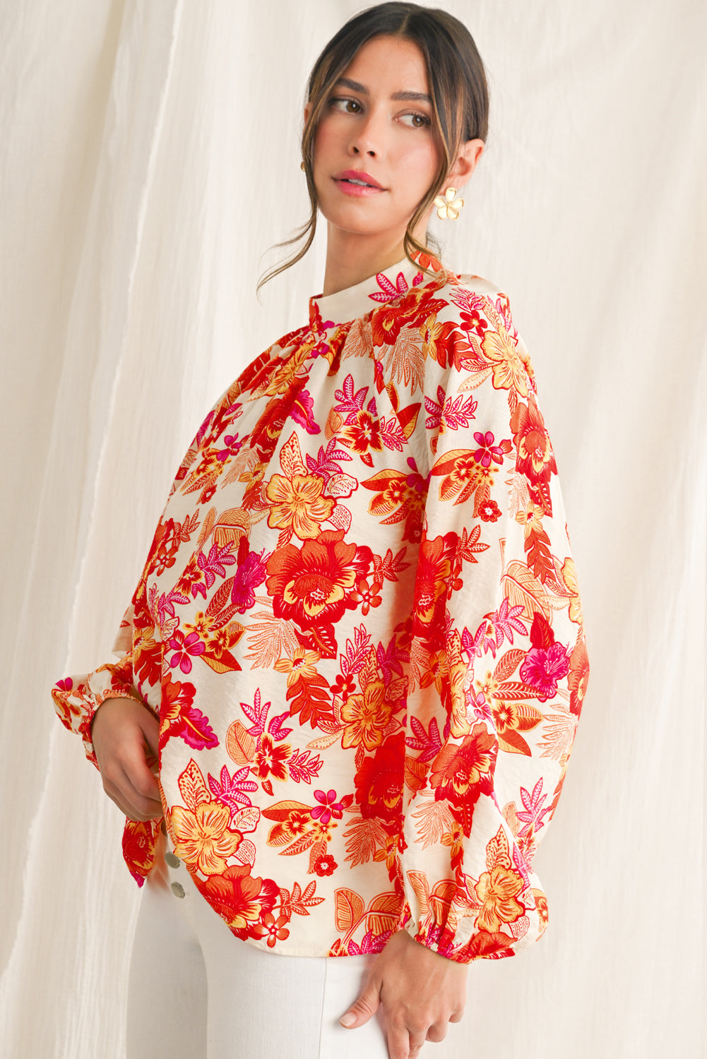 Orange Boho Floral Lantern Sleeve Blouse