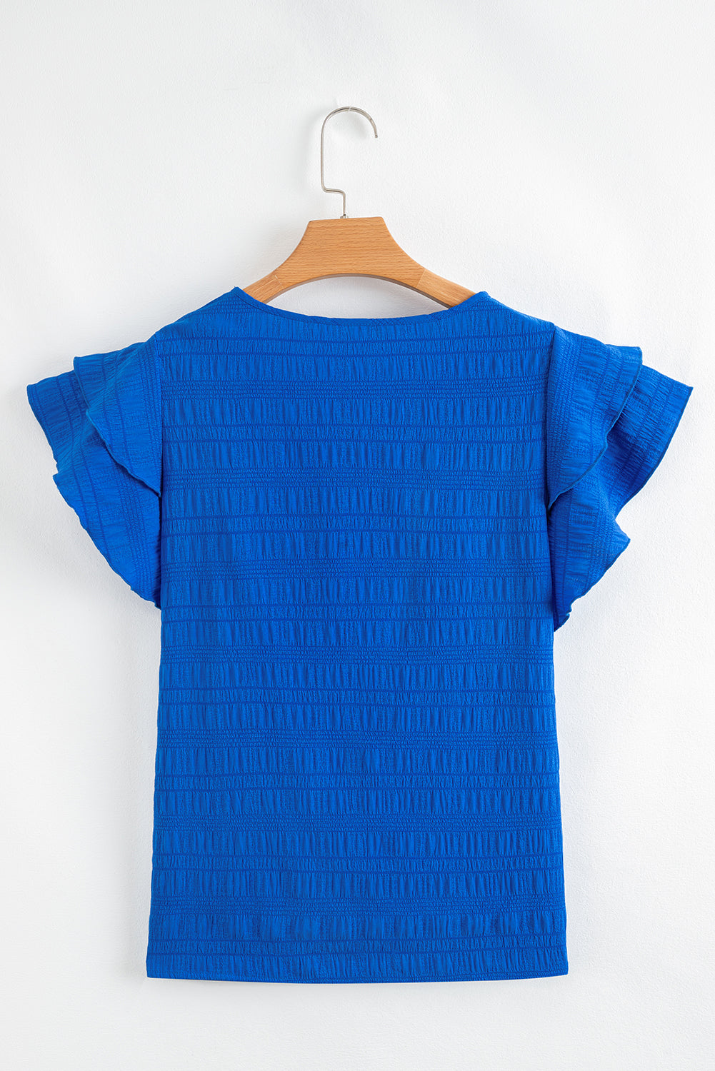 Dark Blue Ruffle Sleeve Textured Smocked Blouse