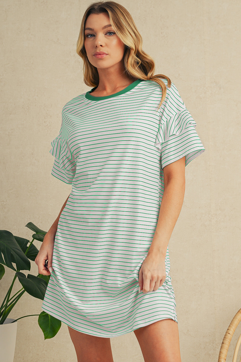 Green Stripe Ruffle Short Sleeve T Shirt Mini Dress
