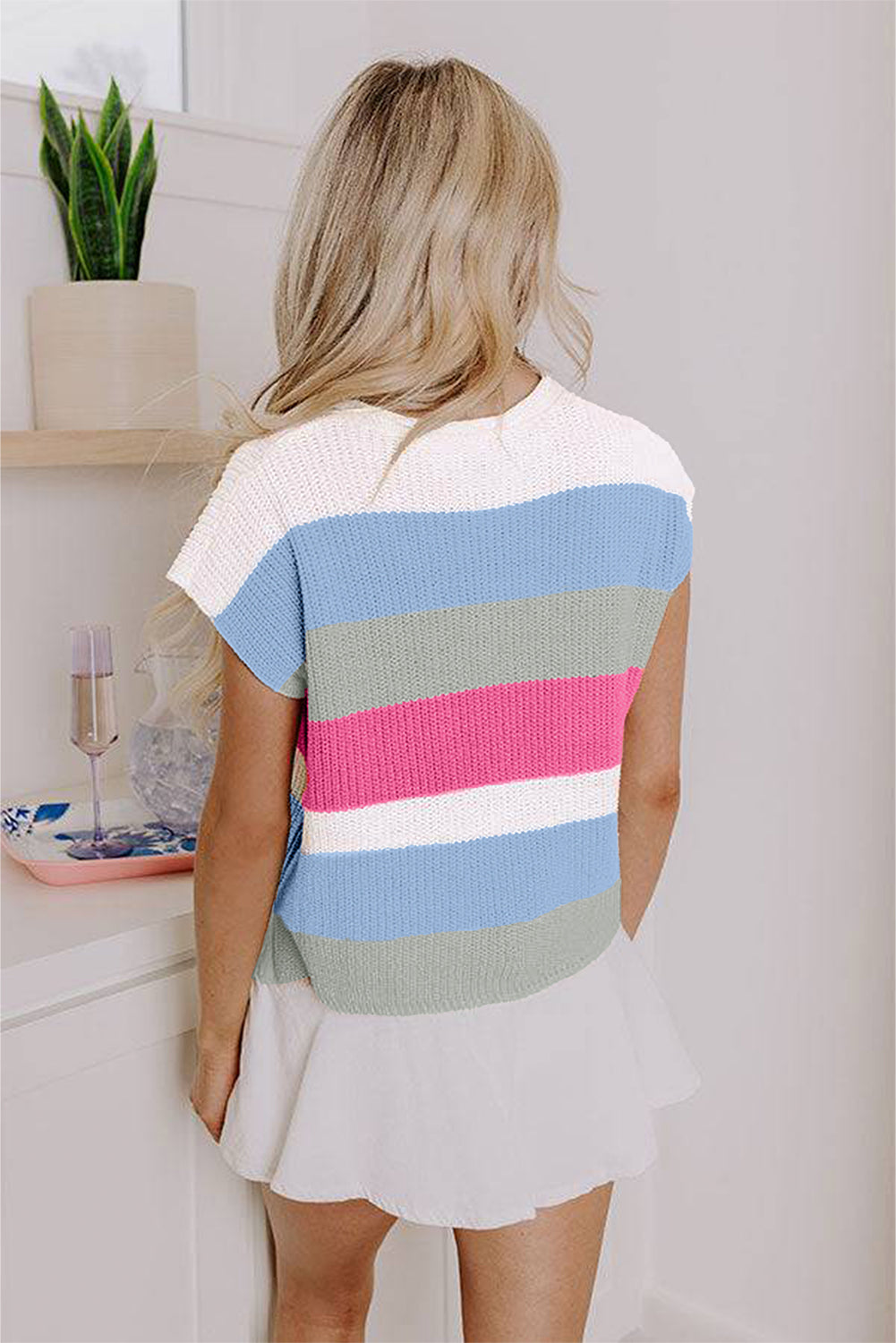 Light Blue Colorblock Notch V Neck Knit T Shirt