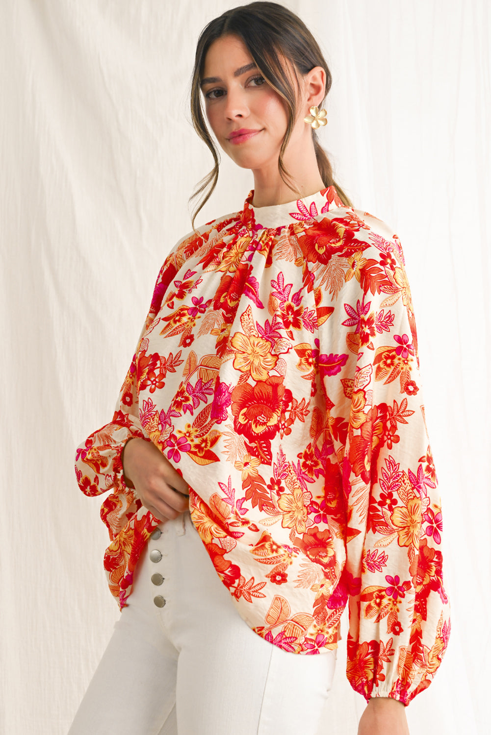 Orange Boho Floral Lantern Sleeve Blouse