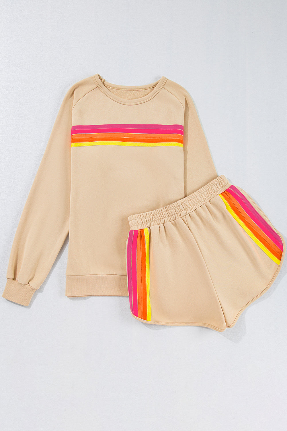 Apricot Colorful Striped Long Sleeve Pullover and Shorts Set