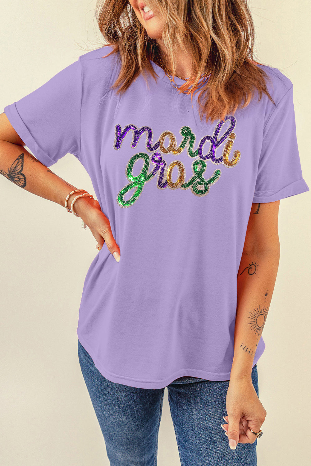 Wisteria Sequin mardi gras Letter Print Crewneck Tee