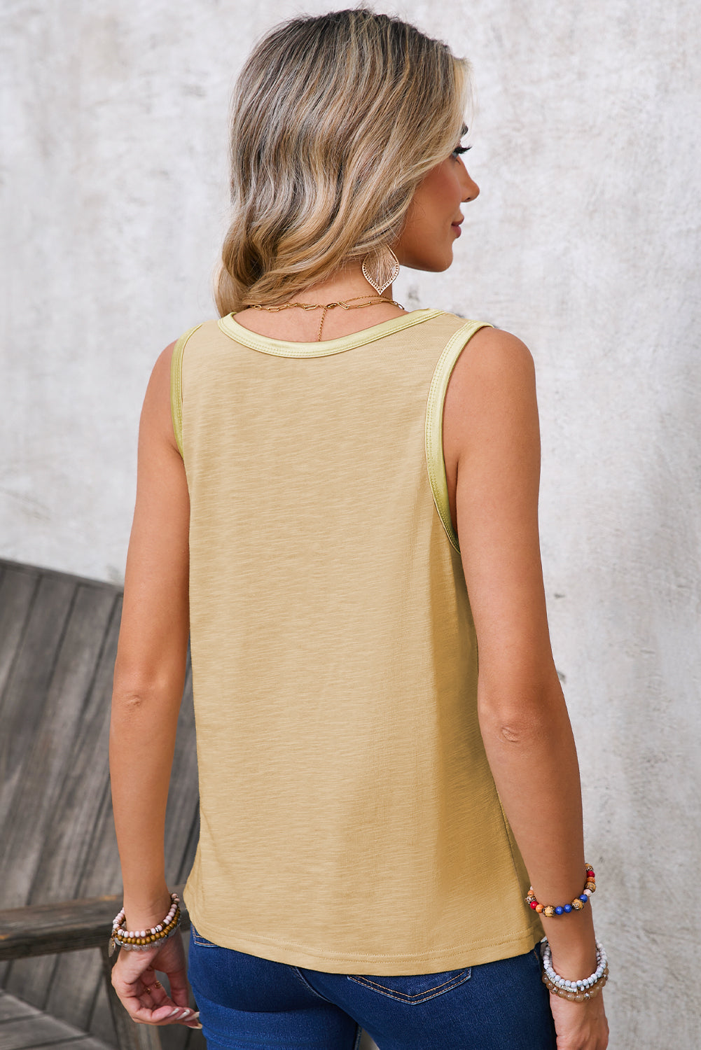 Tan Contrast Trim Round Neck Tank Top