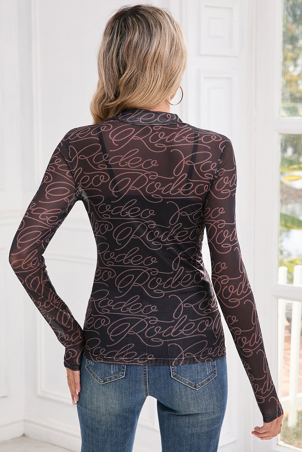 Black Letter Print Mock Neck Long Sleeve Mesh Top